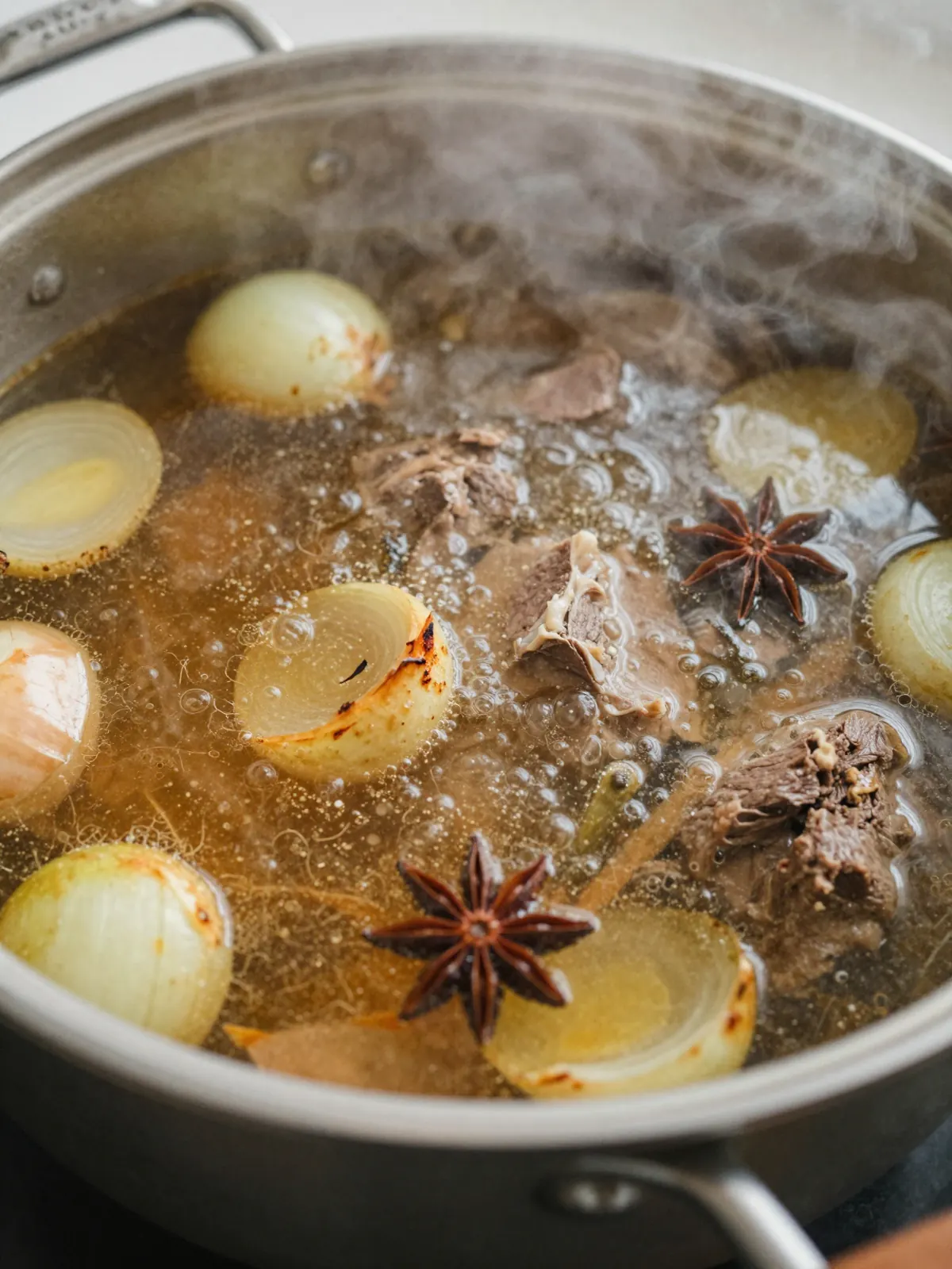 A pot of clear beef broth with star anise and charred onion