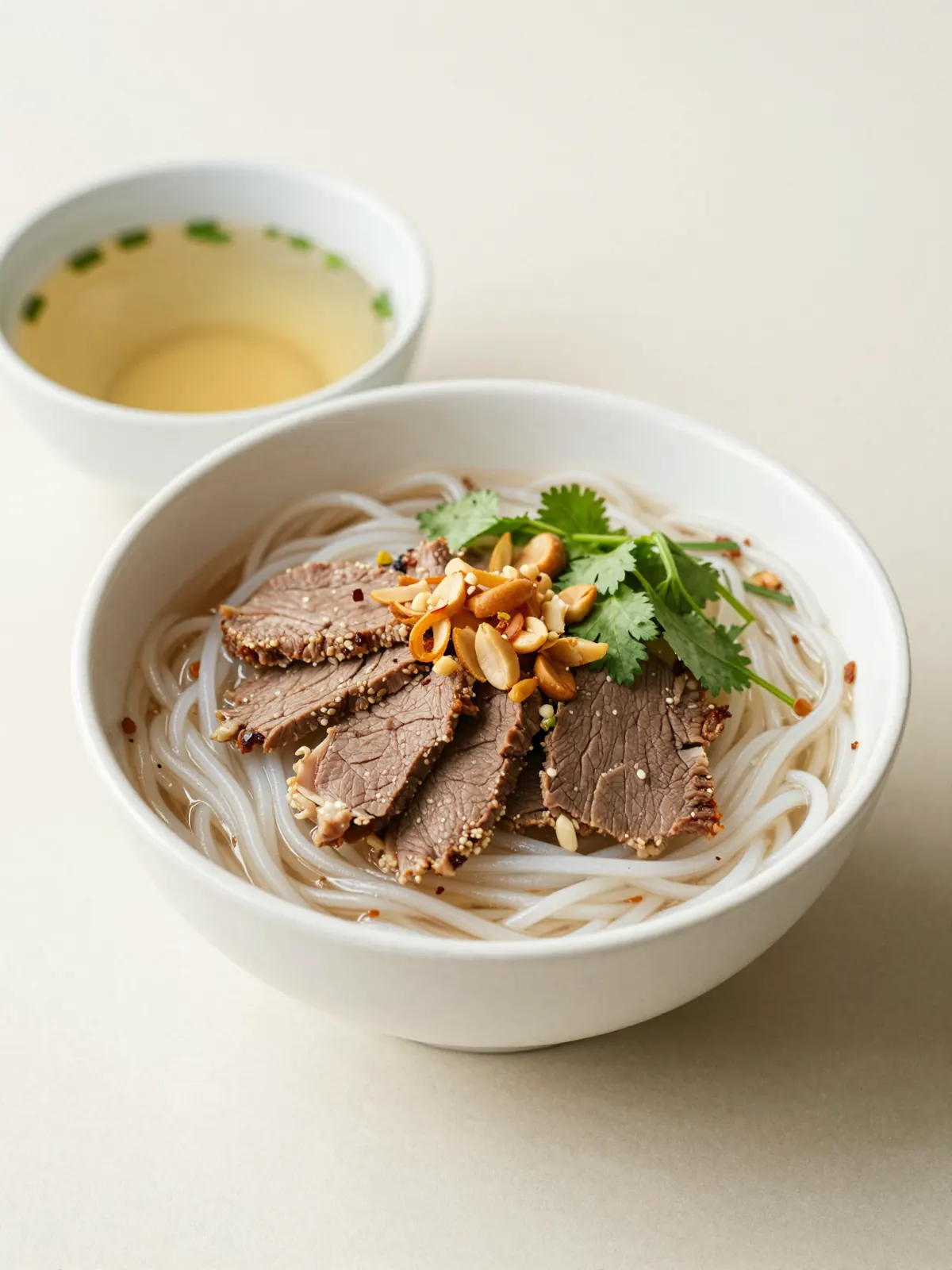 Dry phở with beef and broth on the side
