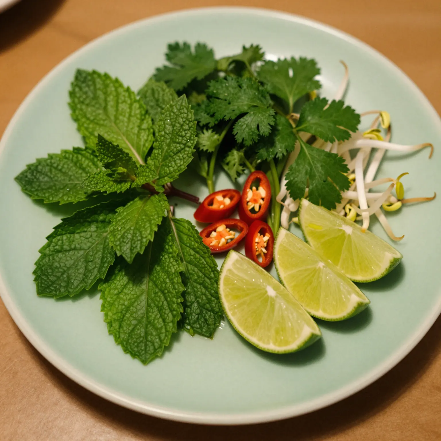 A plate of Thai basil, mint, bean sprouts, lime and chilli