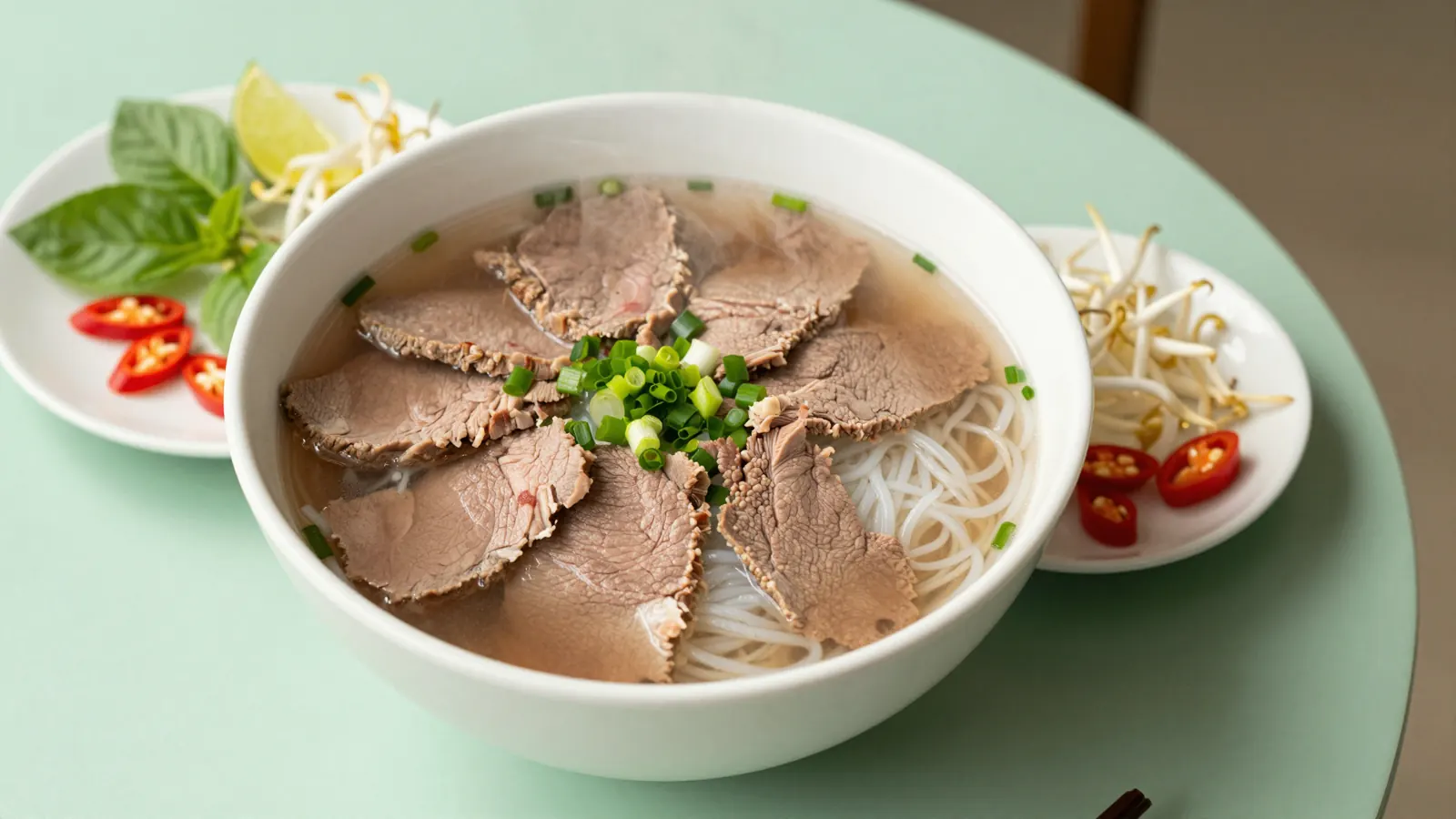 A bowl of beef phở from above, with herbs, lime and chilli on the side