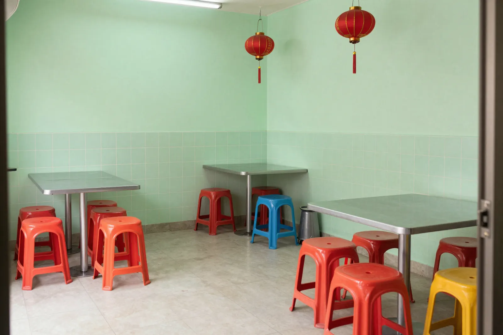 A bright noodle shop with plastic stools and green tiles
